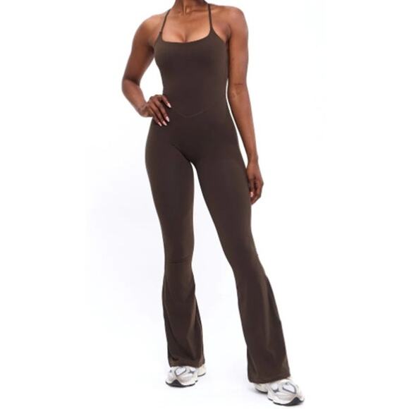 BuffBunny Collection Legacy Flare Bodysuit Cold Brew Open Back Wide Leg Jumpsuit - Picture 11 of 11